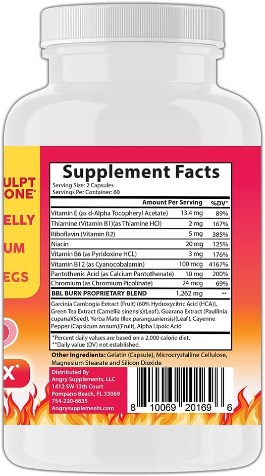 Better Booty BBL Burn Thermogenic Complex Capsules Tone &amp Sculpt Belly Bum + Legs w. Garcinia Cambogia Guarana Green Tea Ext ALA &amp Cayenne Pepper Supplement (120ct 60 Servings)