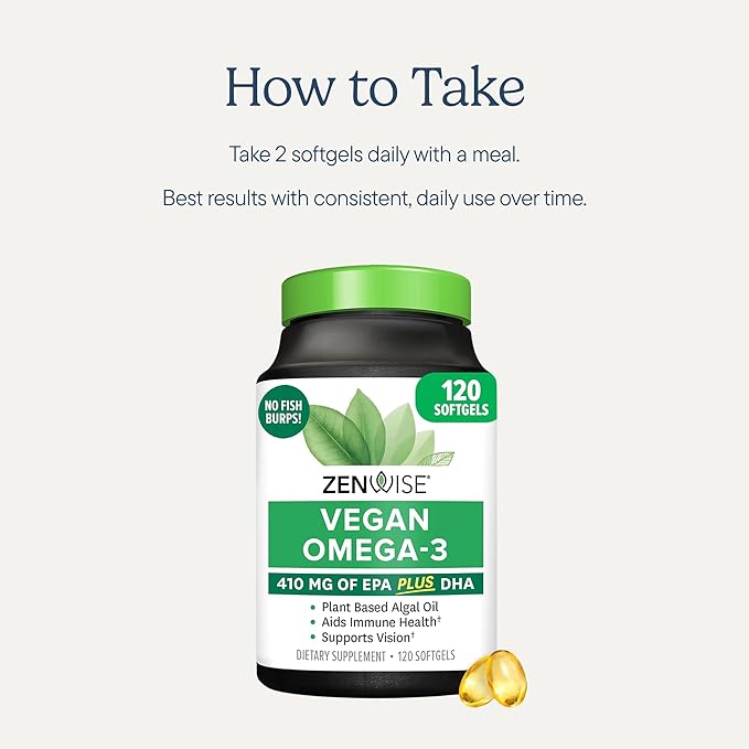 Zenwise Health Vegan Omega 3 Supplement - Burpless Omega 3 Supplement with DHA EPA &amp DPA Fatty Acids for Immune Health - Fish Oil Alternative from Sustainably Sourced Marine Algae Oil - 120 Softg