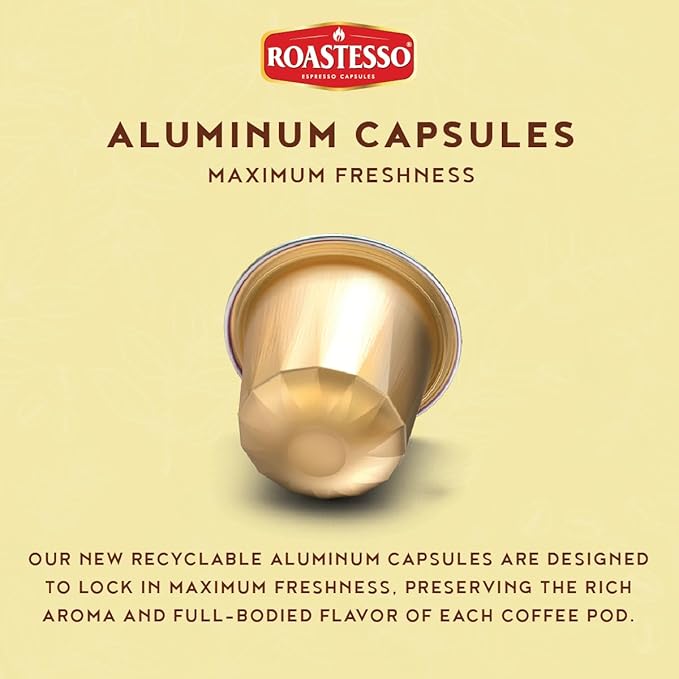 Roastesso Aluminum Espresso Capsules French Vanilla Natural Flavored Coffee Compatible with Nespresso Original Machines Medium Roast Intensity 7 Recyclable Coffee Pods Packed in USA (40 Count)