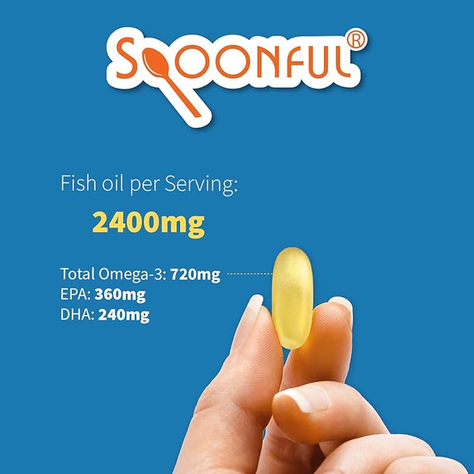 Spoonful Omega 3 Fish Oil Enteric Coated 2400mg 200 Capsules Burpless Rapid Release Softgel Capsules Made in USA NSF-Certified
