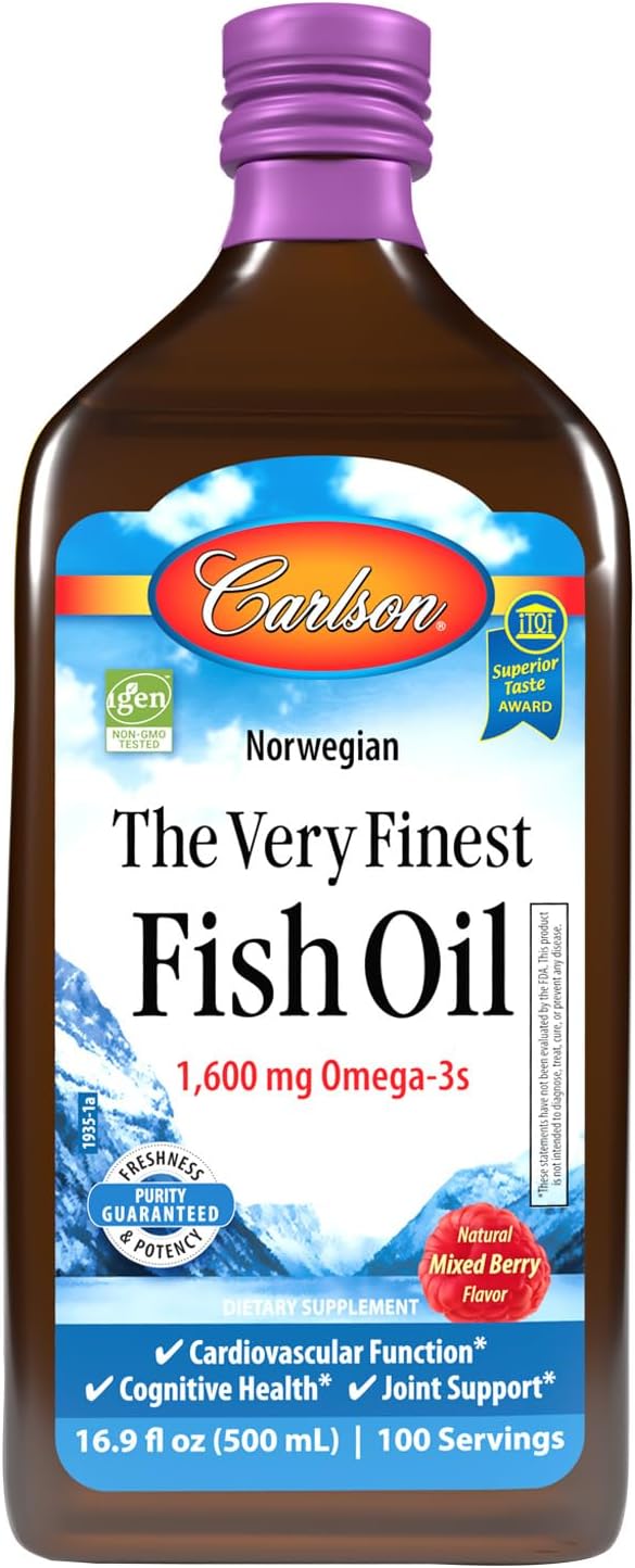 Carlson - The Very Finest Fish Oil 1600 mg Omega-3s Liquid Fish Oil Supplement Norwegian Fish Oil Wild-Caught Sustainably Sourced Fish Oil Liquid Mixed Berry 500 mL (16.9 Fl Oz)…