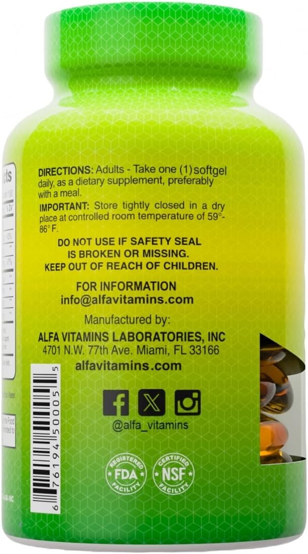 ALFA VITAMINS Omega 3 Fish Oil 1000mg Supplement Supports Heart Health Brain Function Joint Mobility &amp Skin Hydration 300mg Omega-3 180mg EPA 120mg DHA 100 Softgels per Bottle 4 Pack