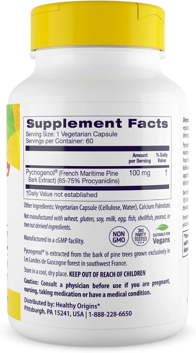Healthy Origins Pycnogenol 100 mg (Nature's Super Antioxidant Non-GMO Gluten Free Cardiovascular Support) 60 Veggie Caps