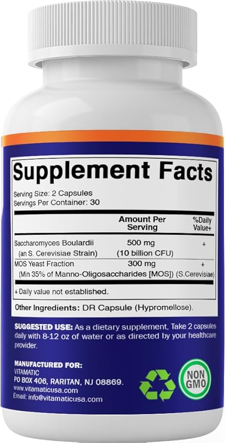 Vitamatic Saccharomyces Boulardii Probiotic 10B per Serving + Yeast Extract (MOS Yeast Fraction) 300 mg - 60 DR Capsules - Made in The USA-2 Pack