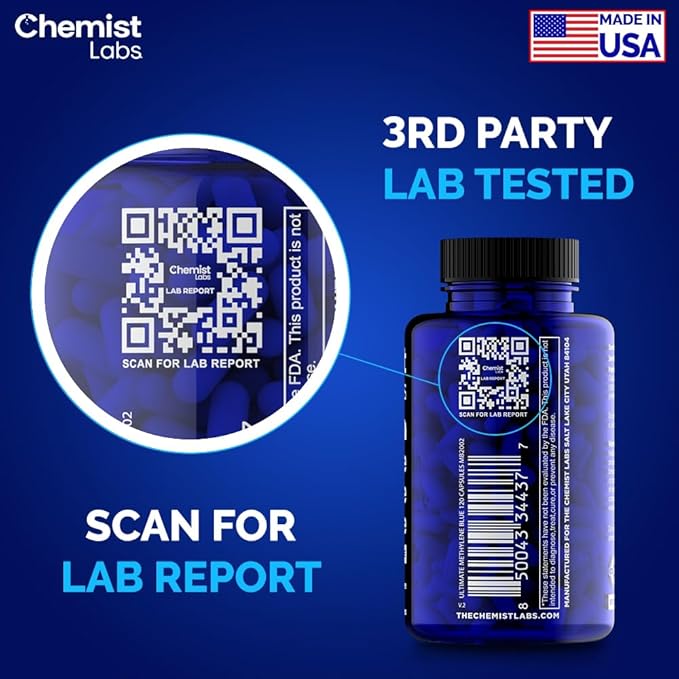 Methylene Blue Capsules for Humans - USP Grade 99% Purity Methylene Blue Pharmaceutical Grade Third Party Tested Supports Cellular &amp Mitochondrial Function Made in USA 120 Count
