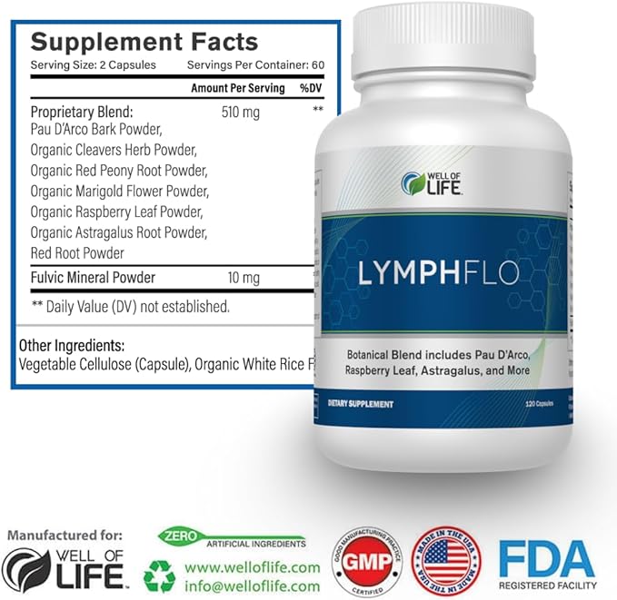 LymphFlo: Herbal Support for Detox Immunity &amp Well-Being. Formulated with PAU d’Arco Cleavers &amp Red Peony Root in 1100mg 180 V-Capsules to Optimize Lymphatic Function Enhance Vitality