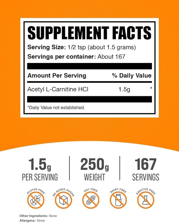 BulkSupplements.com Acetyl L-Carnitine Powder - as ALCAR HCl Carnitine Supplement - Gluten Free 1.5g per Serving 250g (8.8 oz) (Pack of 1)