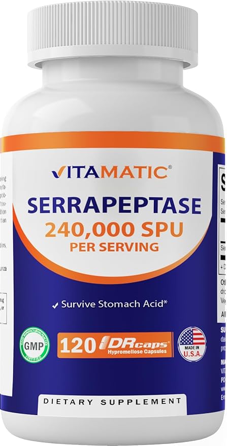 Vitamatic Serrapeptase 240000 SPU Servings 120 Delayed Released Capsules - Enteric Coated - Non-GMO- Made in The USA (120 Count (Pack of 4))