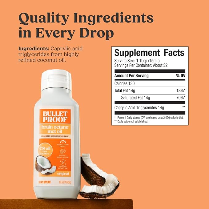 Bulletproof Brain Octane C8 MCT Oil 16 oz (Pack of 3) – 100% Pure Coconut Oil Triple-Distilled Keto Energy Supplement for Coffee &amp Smoothies Unflavored No Additives or Fillers Non-GMO