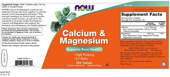 Now Foods Calcium &amp Magnesium 250 Tablets (Pack of 2)