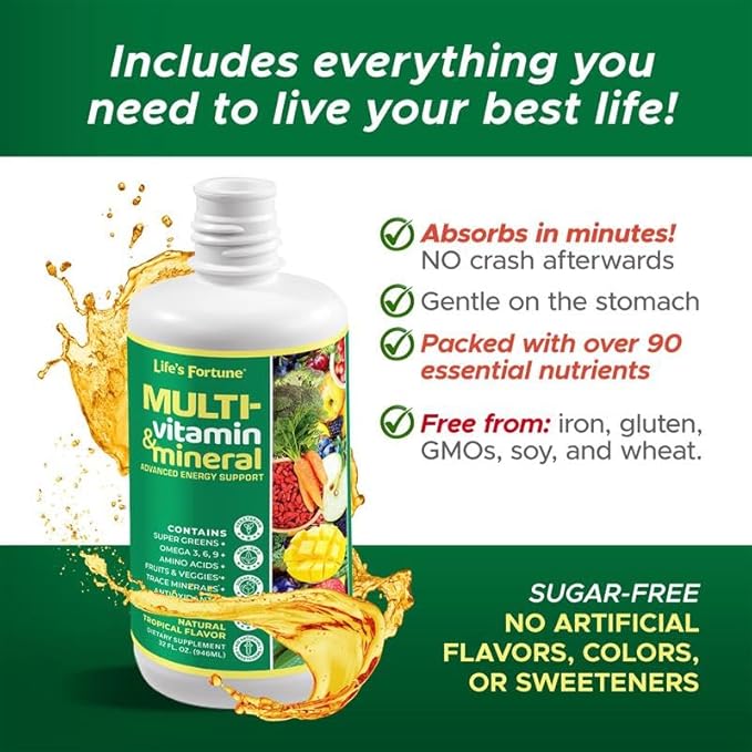Life's Fortune Liquid Multivitamin for Adults Men &amp Women Teens – High Absorption Daily Vitamins – Trace Minerals Amino Acids with Biotin L-Arginine Potassium – Tropical Flavor Sugar Free 32