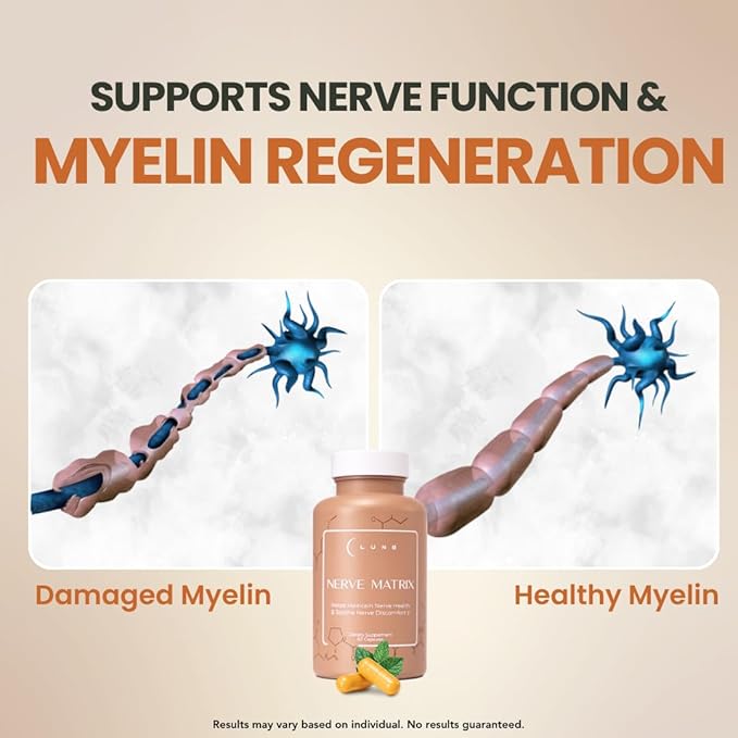Lune Nerve Matrix™ Nerve Support Supplement – Daily Formula for Tingling Burning &amp Numbness in Feet &amp Hands – with R-ALA Curcumin B Complex Benfotiamine &amp Citicoline – 60 Capsules