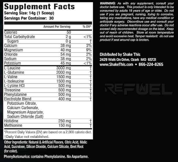 ReFUEL Amino EAA + Hydration Fruit Punch Flavor 30 Servings Essential Amino Acids with Electrolytes 14.8 oz