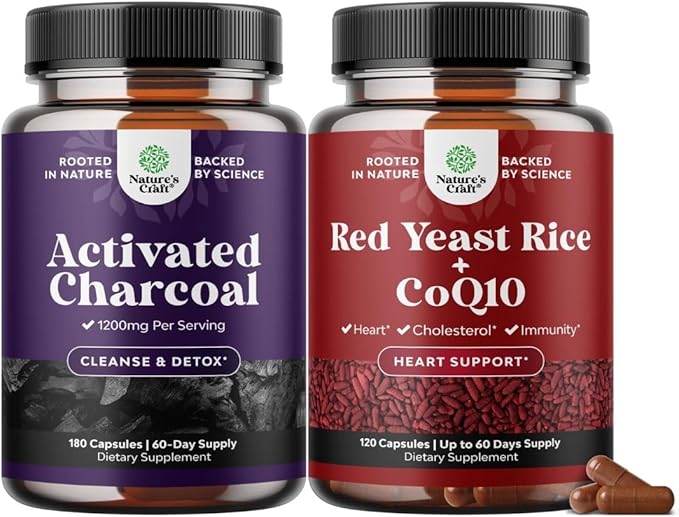 Bundle of Activated Charcoal Pills Detox &amp Cleanse - Purifying Coconut Capsules with 1200 mg Per Serving for Bloating Relief and Red Yeast Rice with CoQ10 - Advanced Healthy Heart &amp Cholestero