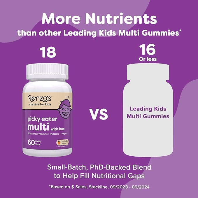 Renzo's Picky Eater Kids Multivitamin with Iron - Dissolvable Kids Vitamins with Iron Zinc Vitamin C Vitamin D E &amp K Sugar-Free Melty Tabs Orange Flavor 60-Count (1-2 Month Supply)
