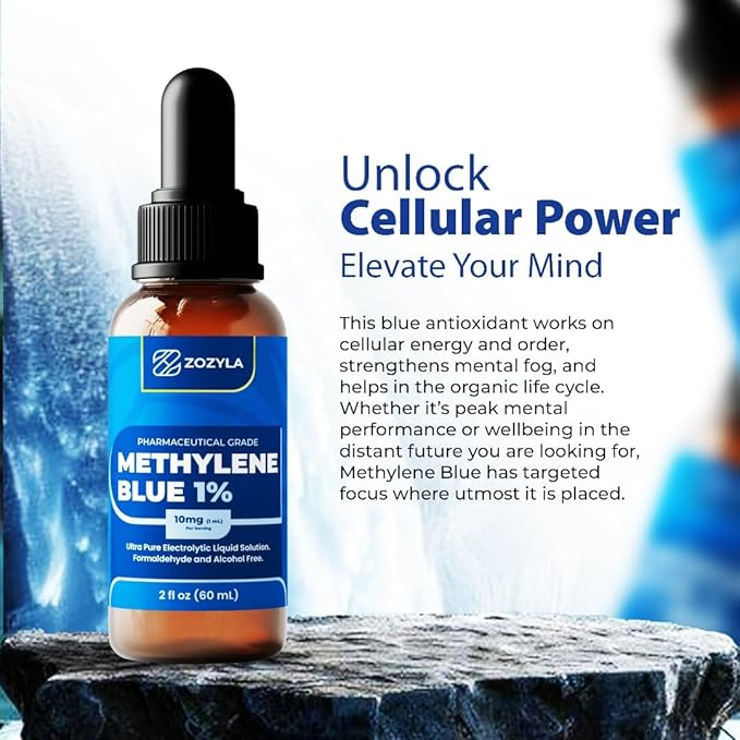 Methylene Blue 1% - Enhanced Liquid Solution for Increased Absorption - Pharmaceutical Grade 99.99% USP Grade No Formaldehyde No Alcohol No Gluten (2 Oz)