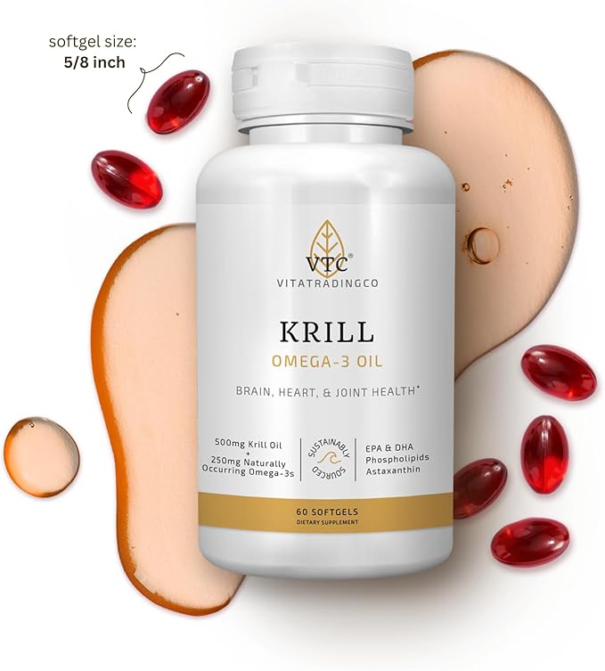 VTC VitaTradingCo. Krill Omega-3 Oil Supplement | 100mg Pure Antarctic Neptune Krill Oil (NKO) | EPA &amp DHA Astaxanthin | Brain Heart Joint &amp Eye Support | 60 Softgels