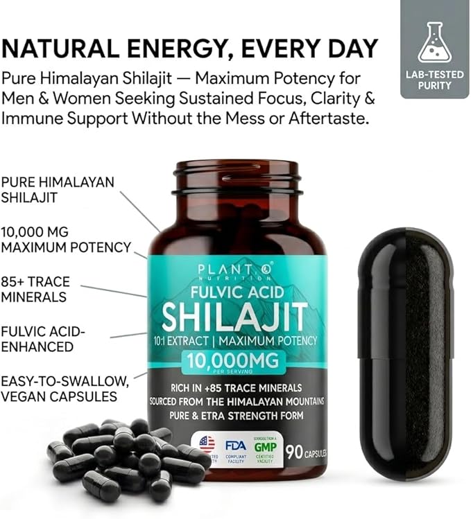 Pure Himalayan Shilajit Capsules - 10000mg Maximum Potency | Fulvic Acid + 85 Trace Minerals | Energy Boost Immune Support Cognitive Function | 90 Veggie Pills for Men &amp Women