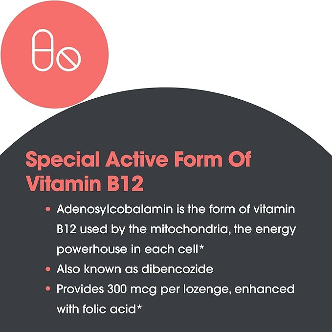 Allergy Research Group B12 Adenosylcobalamin Supplement - with Folic Acid Vitamin B12 3000 mcg Folate Pure B12 Vegetarian Lozenges - 60 Count
