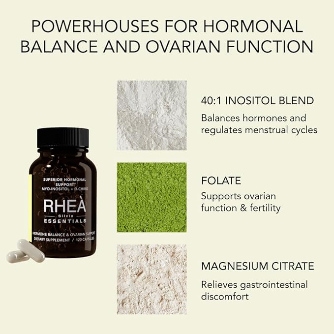 RHEASILVIA Rhea Myo-Inositol &amp D-Chiro Inositol Supplement for Women | 40:1 Ratio with Myoinositol Folate &amp Magnesium | Hormone &amp Metabolic Support | 120 Vegan Capsules | 30 Servings