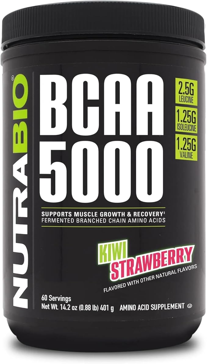 NutraBio BCAA 5000 Powder - Vegan Fermented BCAAs - Supports Lean Muscle Growth Recovery Endurance - 60 Servings - Kiwi Strawberry