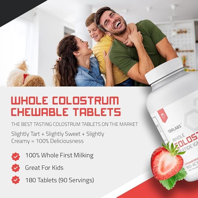 Bovine Colostrum Powder Grass Fed Gut Health Bloating Immunity Skin &amp Hair 400+ Bioactive Nutrients Potent Bioavailable - Strawberries &amp Cream - 180 Tablets (90 Servings)