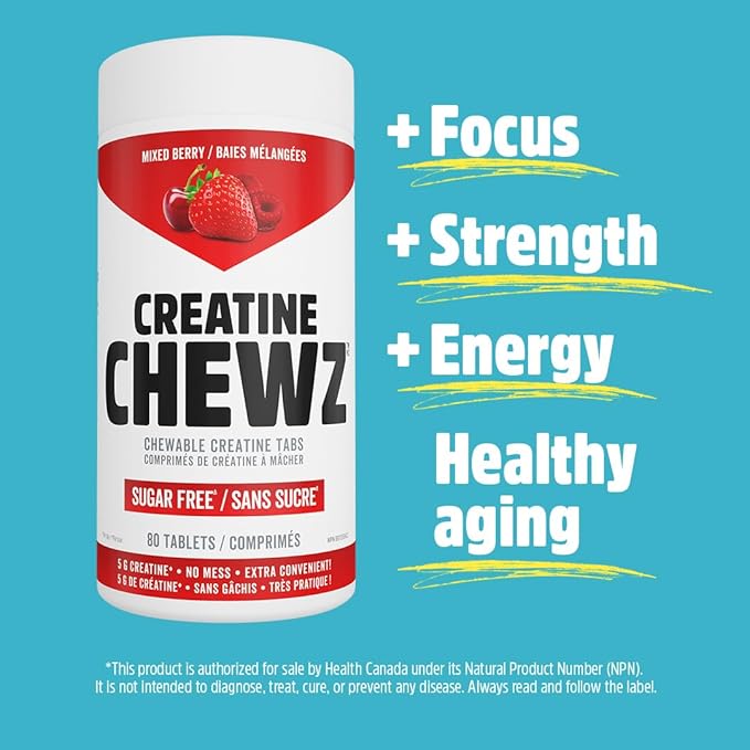 PVL Creatine Chewz – Sugar-Free Chewable Creatine Supplement for On-The-Go Use – 5g Creatine Monohydrate Per Day – Pre Workout &amp Muscle Recovery Support – 80 Tablets – Mixed Berry