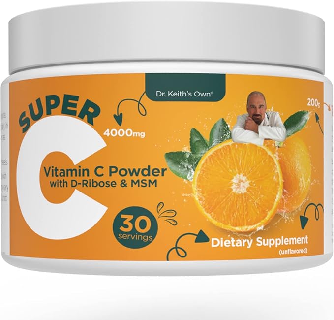 Dr. Keith's Own Super C-High Dose Powdered Vitamin C 4000mg with D-Ribose Glycine MSM-Highly Absorbable Stomach-Friendly Collagen Boost Immune Support-Unflavored 200 Grams (30 Servings)