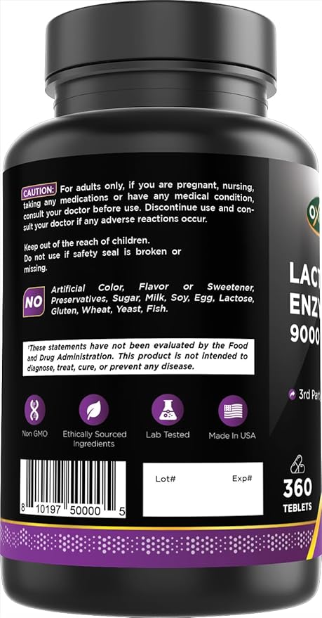 Oxify Lactase Enzyme 9000 FCC ALU | 360 Tablets | Gluten-Free Non-GMO | Supplement Made in USA
