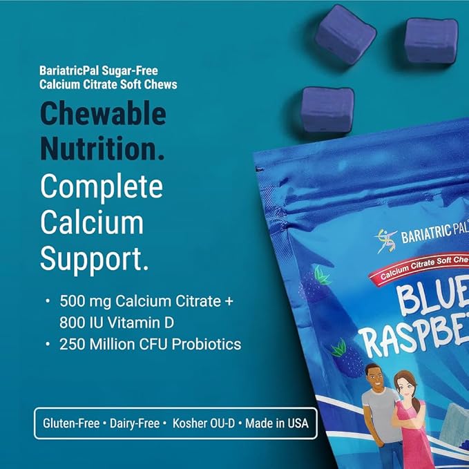 BariatricPal Sugar-Free Calcium Citrate Soft Chews | 500mg with Vitamin D &amp Probiotics | Blue Raspberry | 90 Count (1 Month Supply)