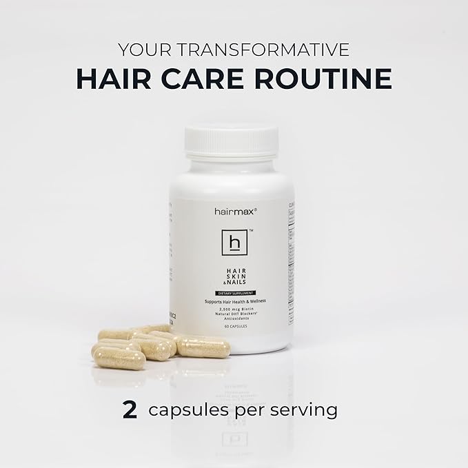 Hairmax Hair Skin and Nails Dietary Supplement – Hair Loss &amp Hair Regrowth Treatment. 2500mcg Biotin DHT Blocker MSM &amp Antioxidants 60 Capsules