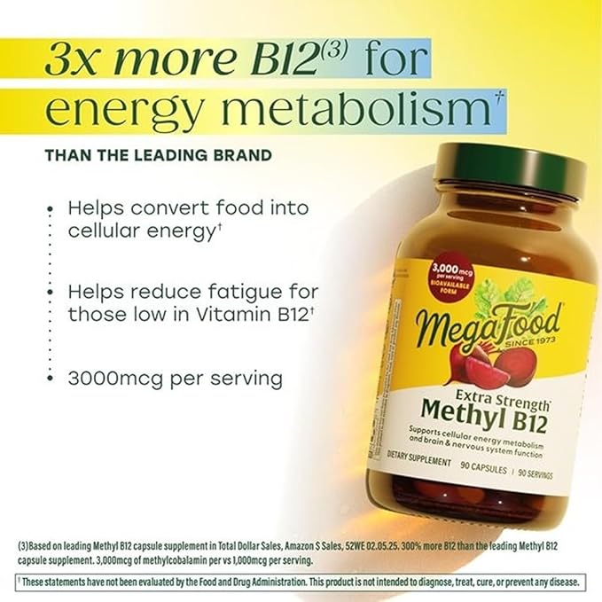MegaFood Extra Strength Methyl B12 Vitamins Bioavailable Vitamin B12 3000mcg Per Serving Supports Energy Metabolism &amp Nervous System Health Beet Root Vegan Gluten Free 90 Capsules 90 Servin