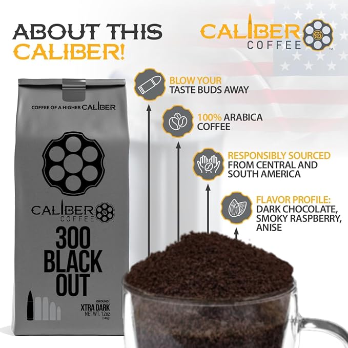 Caliber Coffee 300 Blackout Ground Dark Roast – Bold Caramel Sweet Finish Red Fruit Flavors – 100% Artisan Roasted Arabica Coffee – Small-Batch Hand-Crafted – Veteran Owned – 12oz Bag