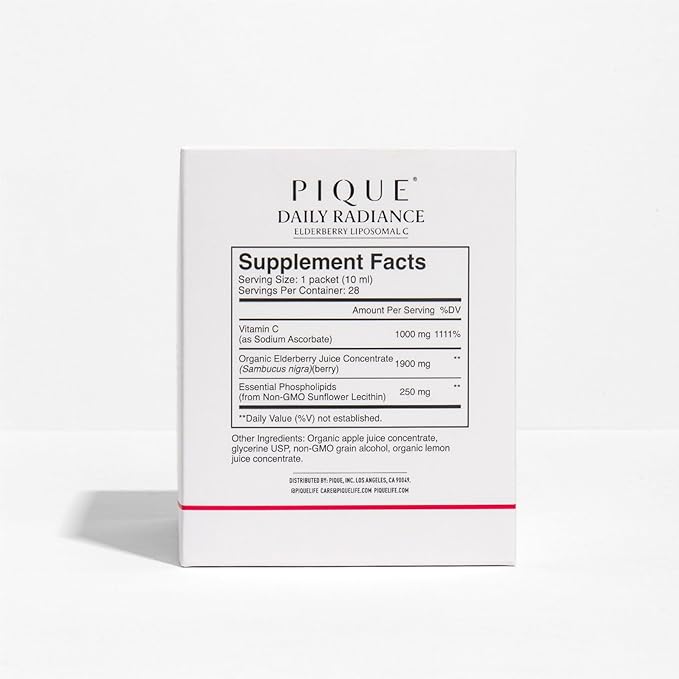 PIQUE Daily Radiance Liposomal Vitamin C for Immune Support - 1000 mg Vitamin C &amp 1900 mg Elderberry per Packet Powerful Antioxidants for Healthy Collagen Production - 28 Packets (10mL Each)