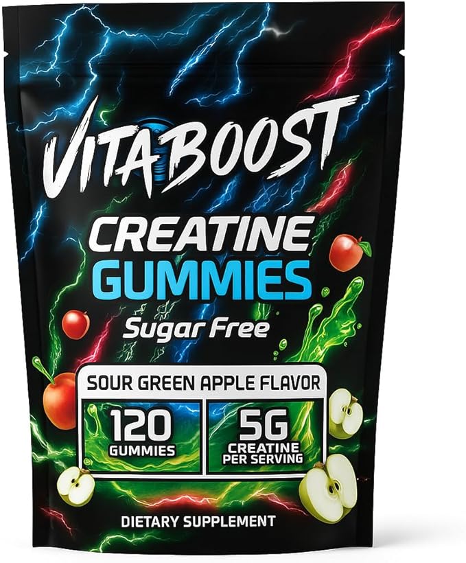 Sugar Free Creatine Monohydrate Gummies – 5g Creatine Per Serving Sour Green Apple Flavor Vegan Low-Calorie No Artificial Colors Made in USA (120 Gummies)