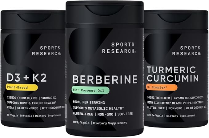 Sports Research® Multivitamins Pack - Berberine 500mg Supplement with Coconut Oil + Vitamin D 5000iu &amp Mk7 Vitamin K 100mcg + Turmeric Curcumin C3 Complex