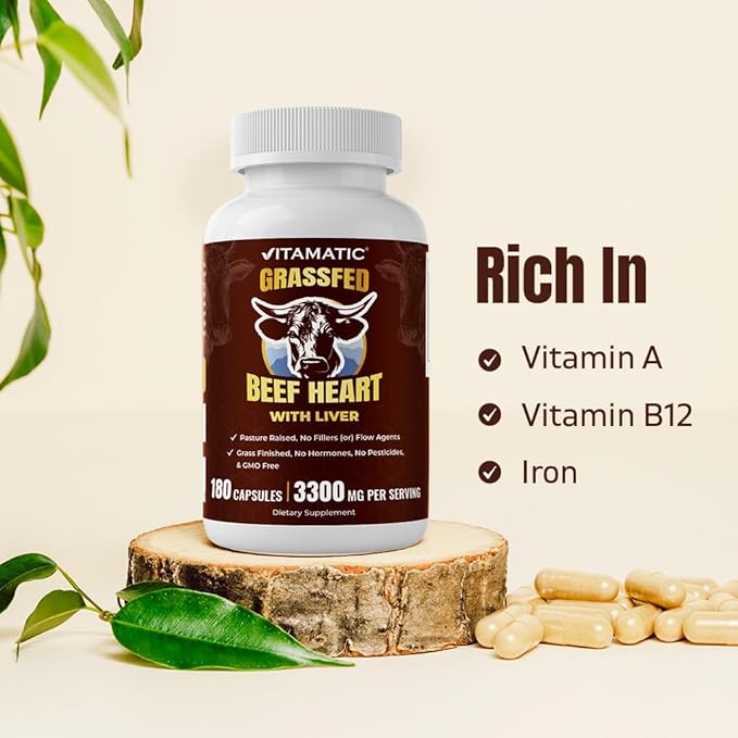 Vitamatic Grass-Fed Beef Heart with Liver 180 Capsules – Freeze-Dried Non-GMO Bovine Liver Supplement – Pasture-Raised Glandular-Based Formula
