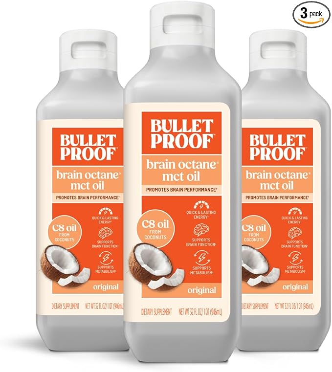 Bulletproof Brain Octane C8 MCT Oil 32 oz (Pack of 3) – 100% Pure Coconut Oil Triple-Distilled Keto Energy Supplement for Coffee &amp Smoothies Unflavored No Additives or Fillers Non-GMO