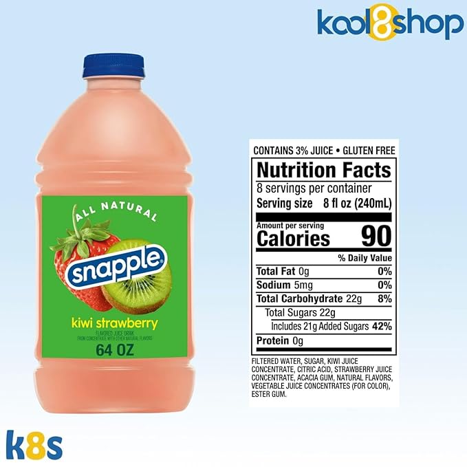 Snapple Kiwi Strawberry All Natural Fruit Juice 64 fl oz Plastic Bottle 4 Pack + 15 Sugarcane Disposable Straws by KOOL8SHOP Infinite Deals