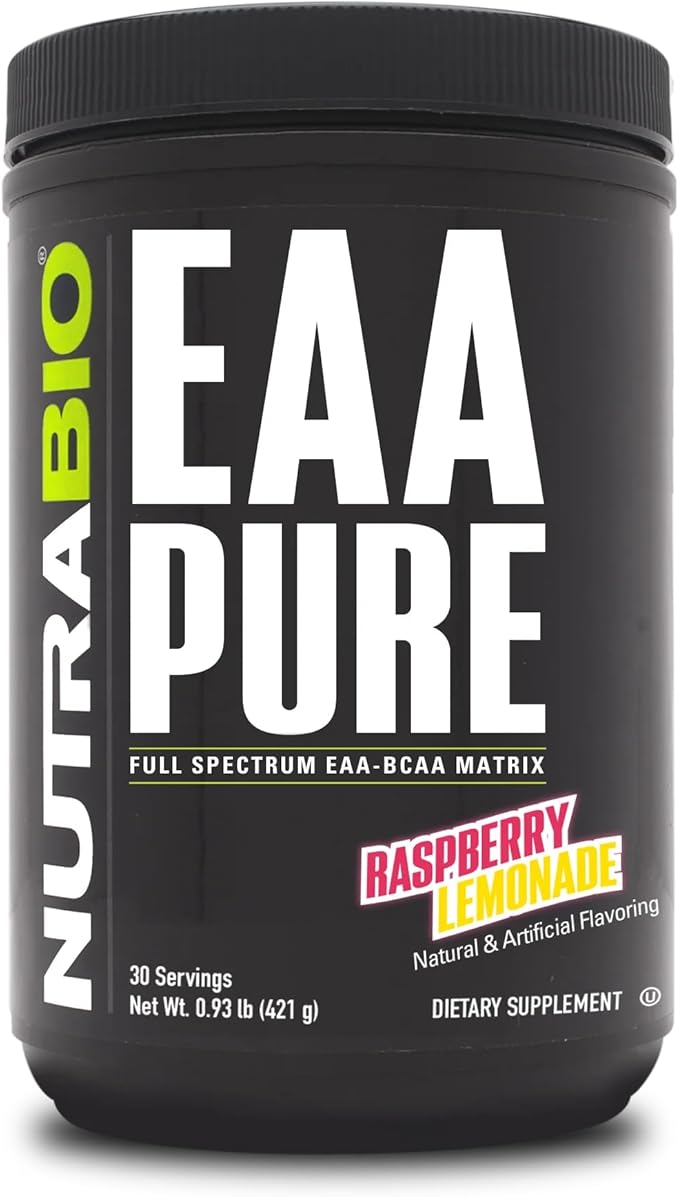NutraBio – EAA Pure – 9 Amino Acids – Muscle Repair and Recovery 30 Servings Raspberry Lemonade – Pre or Post Workout – All Day Recovery