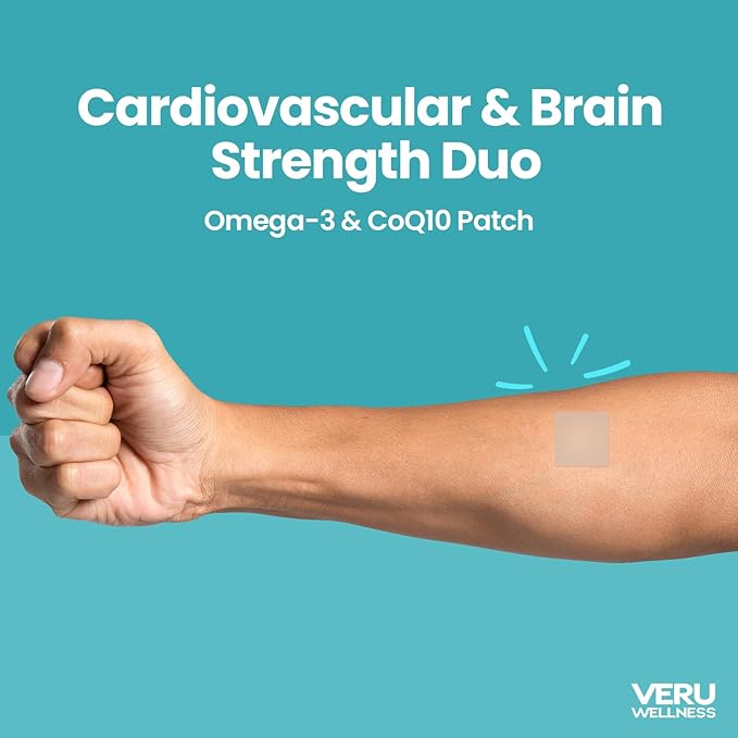 Veru Wellness Cardiovascular &amp Brain Strength Duo Lifestyle Patches Omega3 Coenzyme Q10 - Self Adhesive Time Release Topical Patch 8-10 Hours (42 Day Supply)