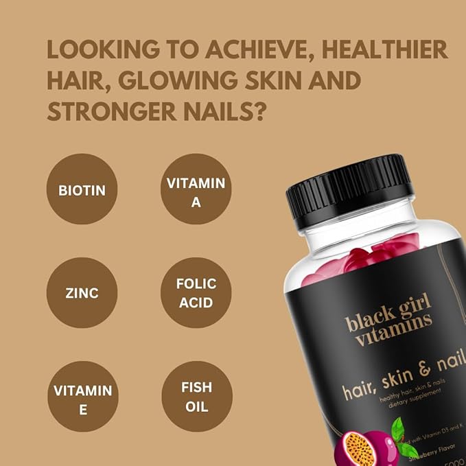 Black Girl Vitamins - Hair Skin and Nails Gummies with Biotin (6000 mcg) Zinc Gelatin Free Vitamin A and Vitamin E - Gluten-Free. Made in The USA (Passion Fruit 120 Count) 60 Day Supply