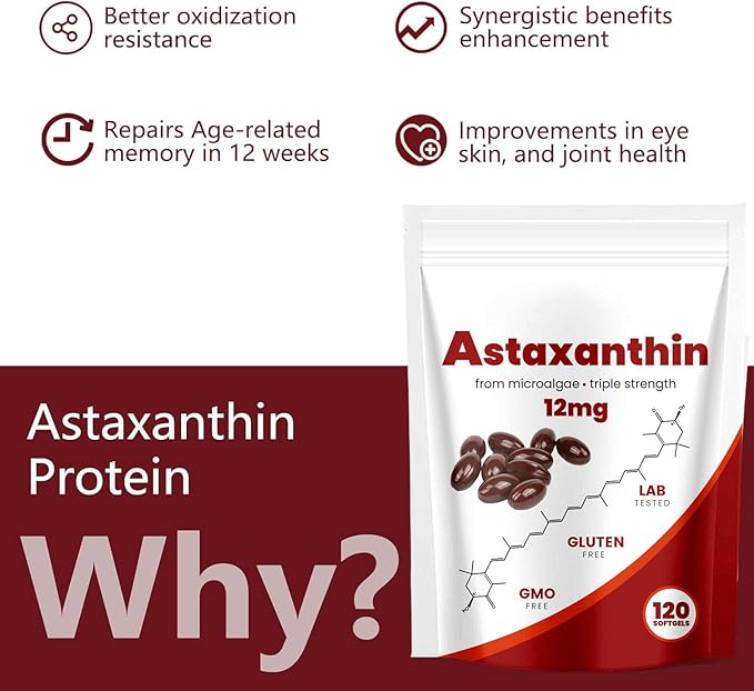 Astaxanthin 12mg Natural Antioxidant Supports Immune Fresh Microalgae for Skin Eye and Internal Circulation Health 120 Softgels (01 02#)