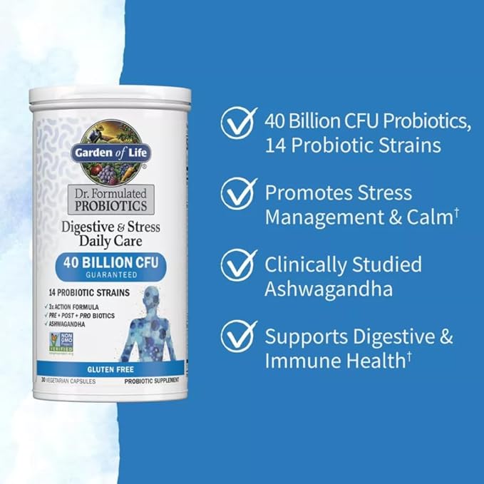 Garden of Life Probiotic Supplement Capsules Dr. Formulated Digestive + Stress - 30ct 1 Bottle Gluten-Free 30 Servings