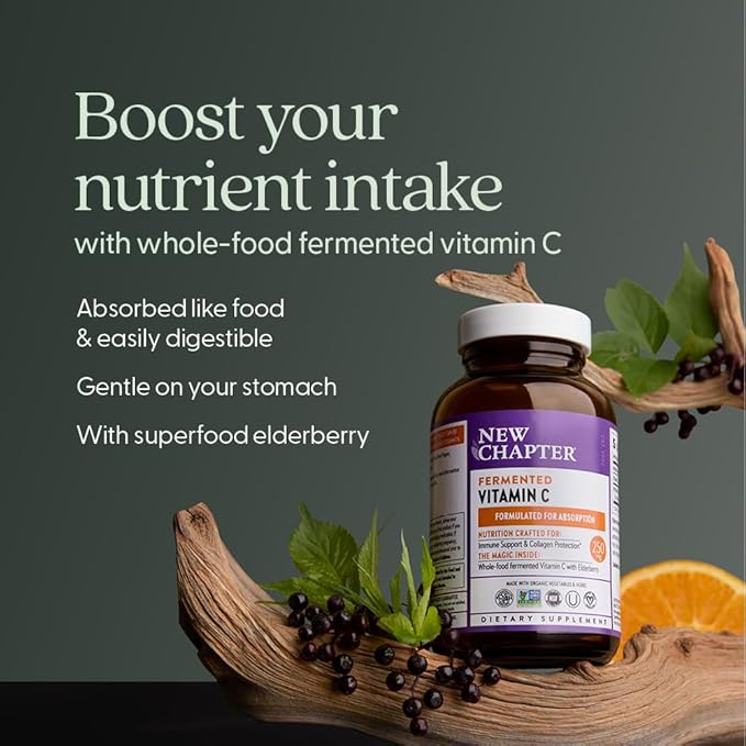 New Chapter Fermented Vitamin C + Elderberry ONE Daily for Immune Support &amp Collagen Protection Made with Organic Herbs Certified Vegan Gluten Free 60 Count