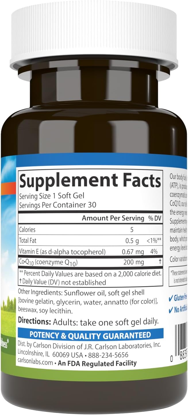 Carlson - Co-Q10 Co-Enzyme Q10 200 mg Energy Production &amp Heart Function 30 Softgels