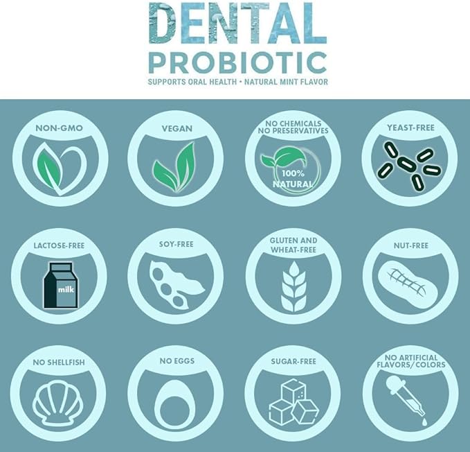 Dental Oral Probiotic 60 Chewable Tablets - Supplements w/BLIS K12 &amp M18 - Bad Breath Treatment for Adults - Boosts Oral Health - Fights Halitosis Tooth Decay Strep Throat (Mint Flavor)