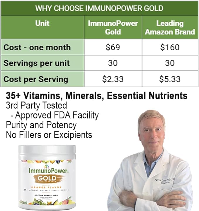 Gold - Immune Support - Targeted to Help Increase Natural Killer Cell Activity with 35+ Vitamins Minerals - Powder Formula - Orange Flavor