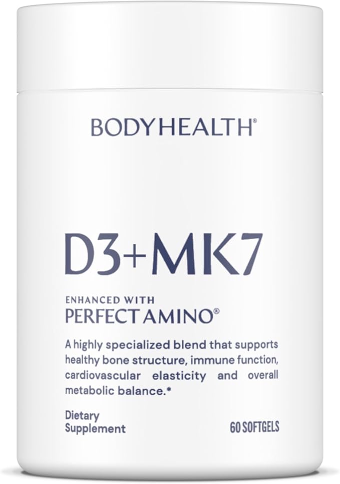 BodyHealth D3 + MK7 - Vitamin D3 5000IU Vitamin K1 Vitamin K2 - Easy to Swallow Supplement Supports Bone Strength &amp Calcium Absorbtion* - 60 Softgels
