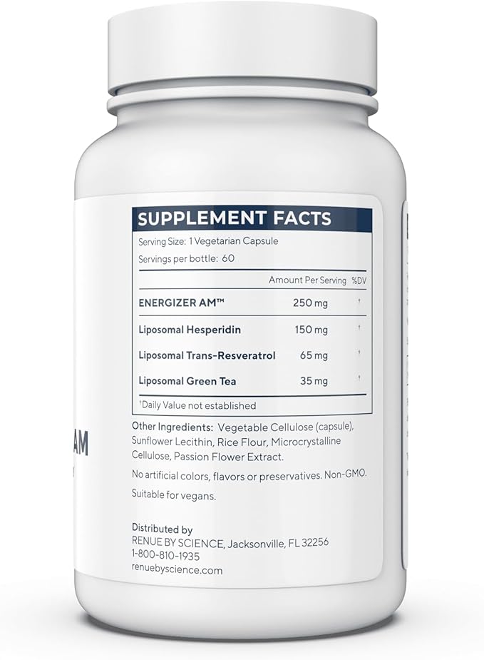 Renue By Science Energizer AM | Liposomal Resveratrol Hesperidin &amp Green Tea Supplement | 60 Capsules with Trans Resveratrol (65mg) Hesperidin (150mg) Green Tea Extract (35mg) - Non-GMO | Made in